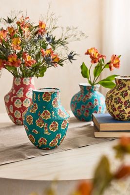 Patterned Papier Mache Bud Vase, Reds, Blues + Neutrals