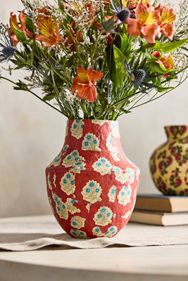 Terrain Patterned Papier Mache Bud Vase, Reds, Blues + Neutrals