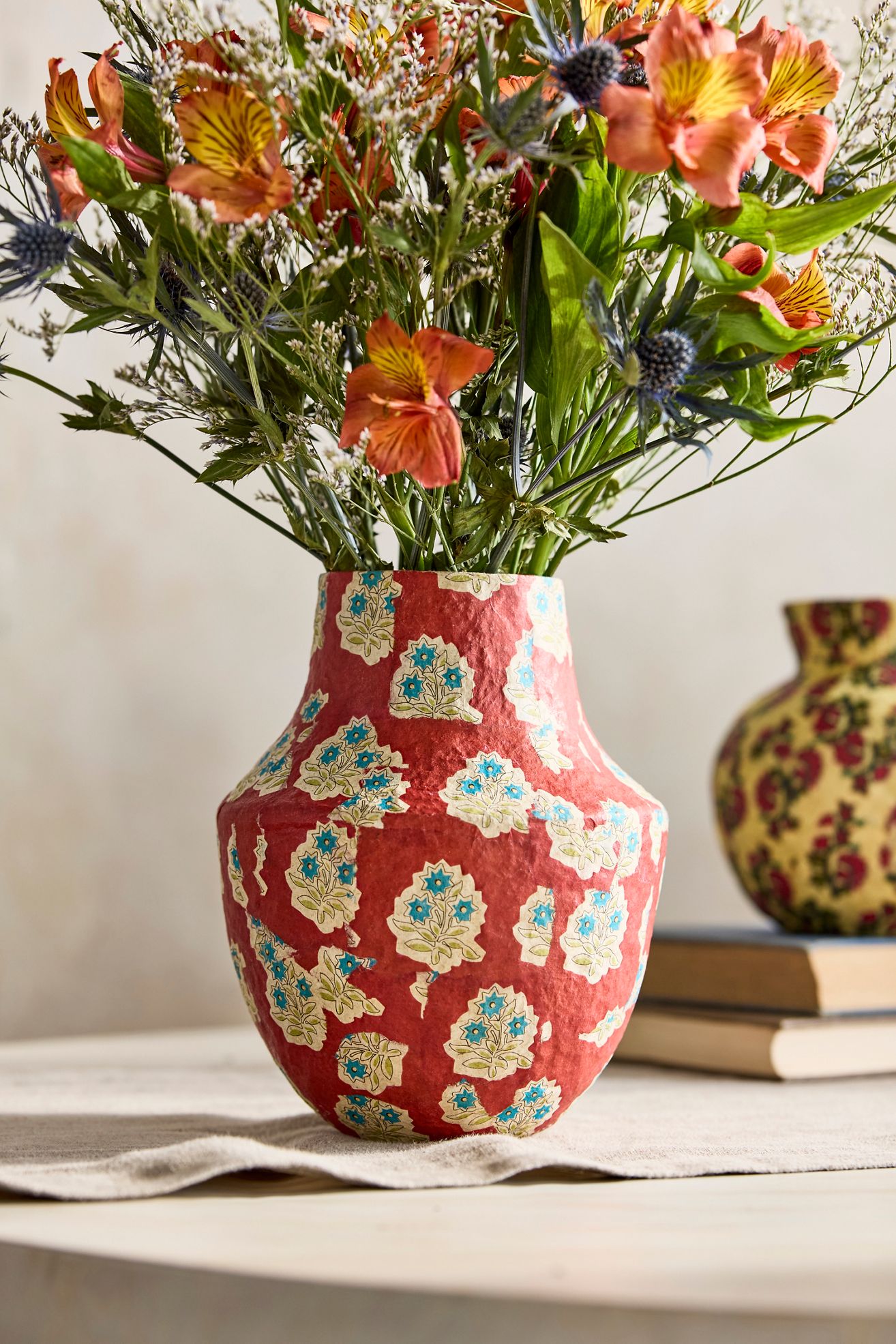 Patterned Papier Mache Bud Vase, Reds, Blues + Neutrals - Red Pattern, Tall