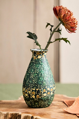 Terrain Patterned Papier Mache Bud Vase, Oranges + Greens In Green