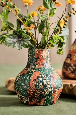 Patterned Papier Mache Bud Vase, Oranges + Greens