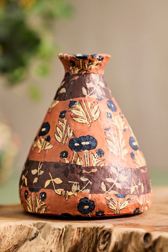 Patterned Papier Mache Bud Vase, Oranges + Greens #1