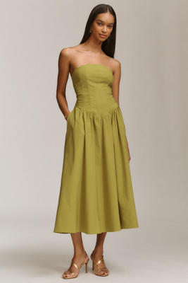 Bhldn Strapless Scallop Drop-waist Midi Dress In Green