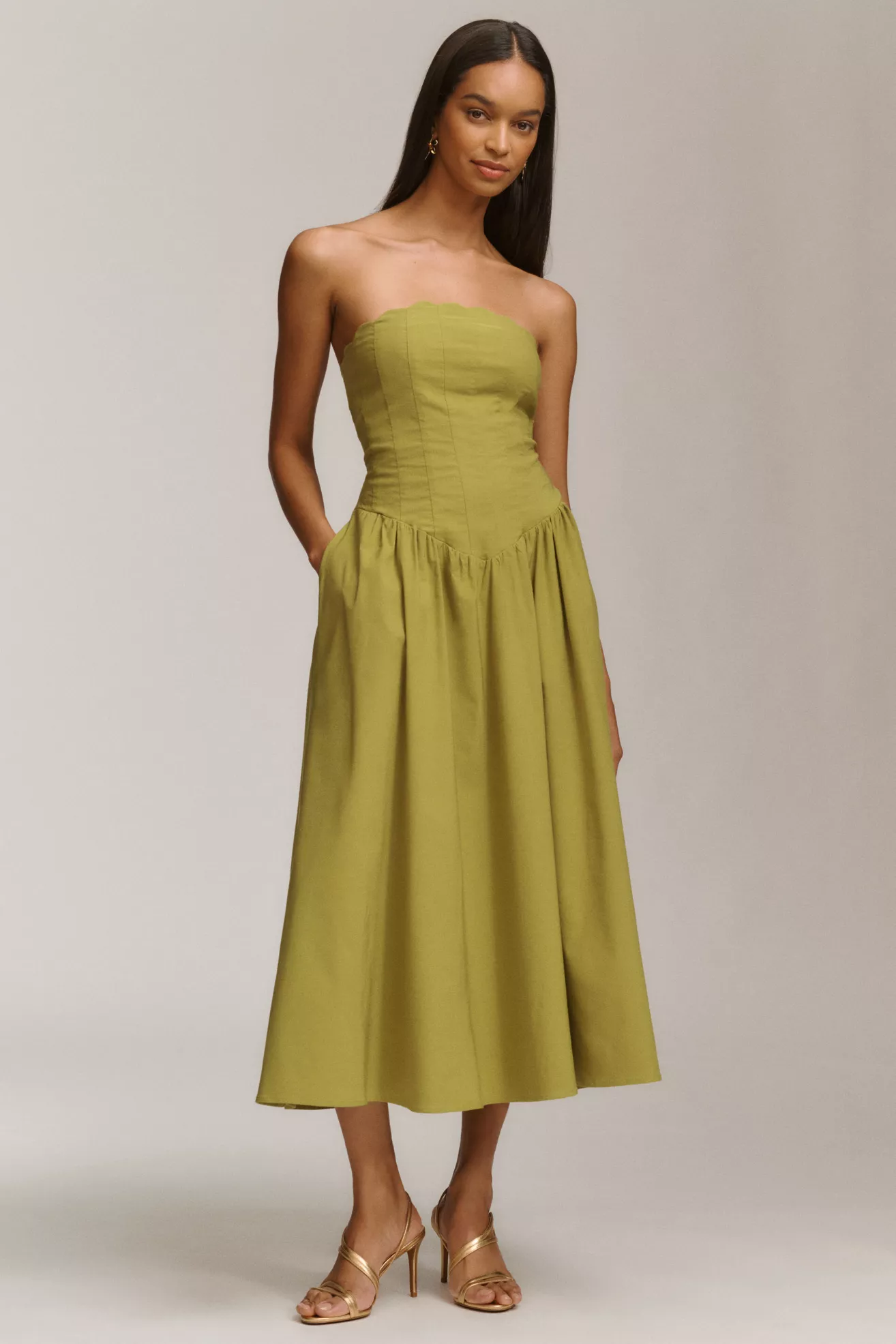 BHLDN Strapless Scallop Drop-Waist Midi Dress