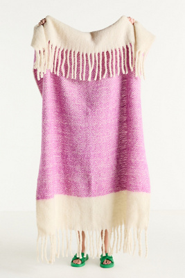Anthropologie Laurie Herringbone Woven Wool Fringe Throw Blanket In Pink
