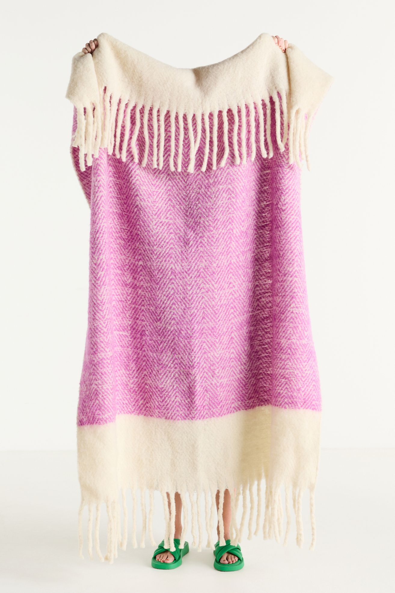 Laurie Herringbone Woven Wool Fringe Throw Blanket - Pink, Standard, 50" X 60"