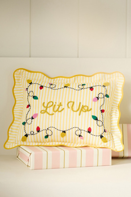 Anthropologie Marlise Embroidered Cotton Holiday Pillow In Yellow