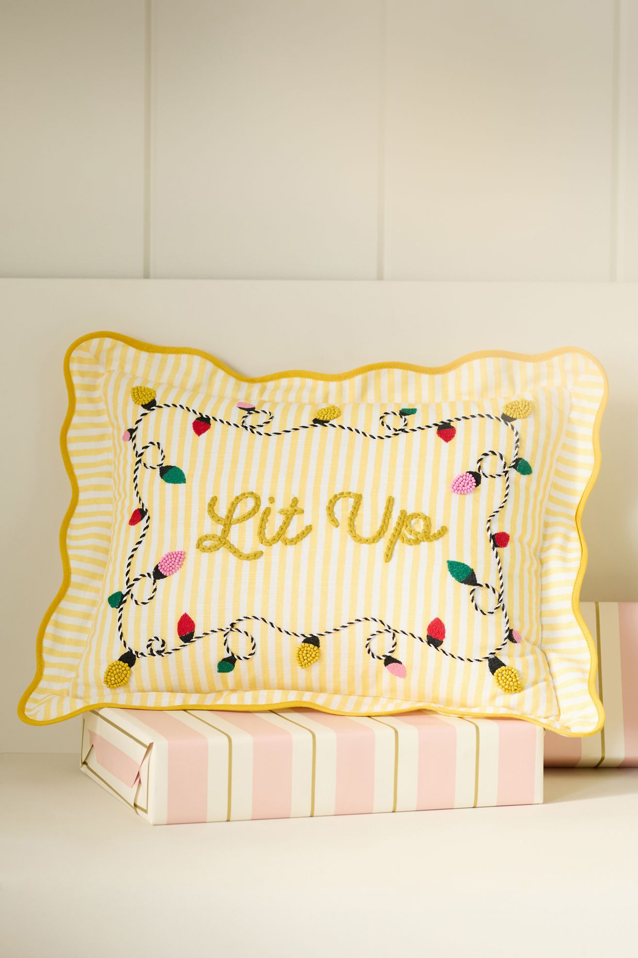 Marlise Embroidered Cotton Holiday Pillow - Lit Up, Assorted