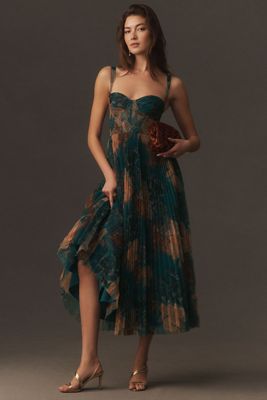 Hutch Amara Corset Pleated Tulle Fit & Flare Midi Dress | Anthropologie
