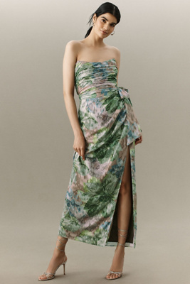 Hutch Julietta Strapless Chiffon Column Maxi Dress In Green