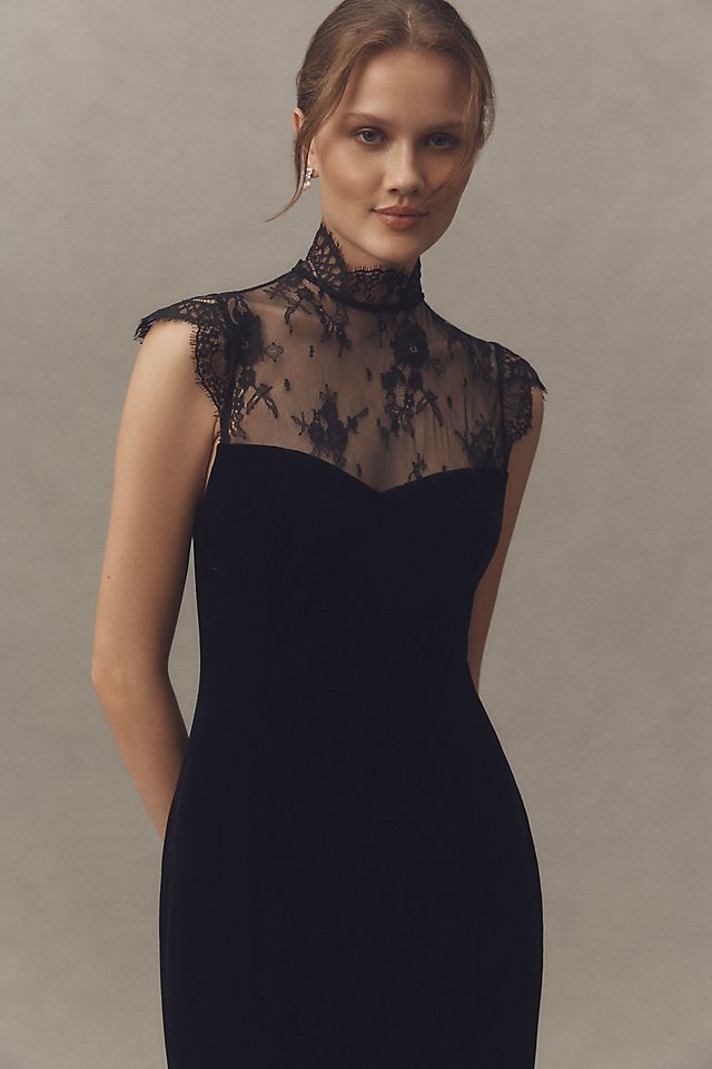 lace high neck black dress Beau | High-Neck Maxi With Draped Detail 75% Polyester BHLDN Mock-Neck Lace Stretch Velvet