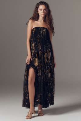 Helsi Delphine Strapless Pleated Sheer Lace Maxi Dress In Animal Print