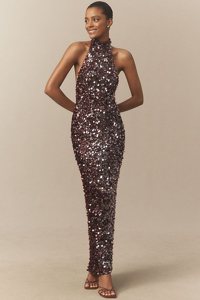 maxi dress sparkle Sparkling Silver Sequin Dress, Sleeveless Glamour Elevate your evening wear with this exquisite piece! Helsi Louisa Mock-Neck Halter Stretch