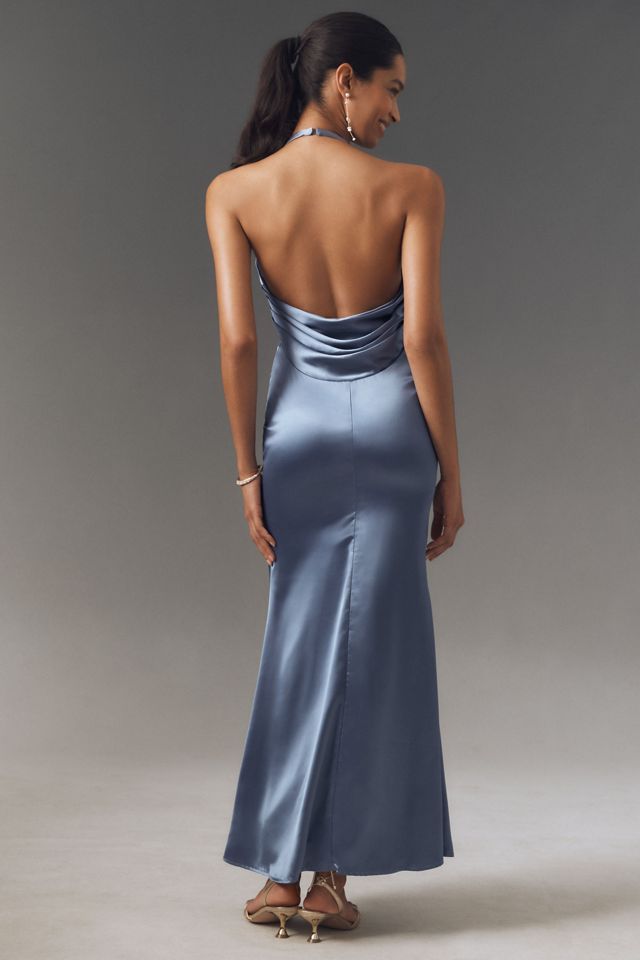 Mac Duggal Halter Rosette Satin Slip Maxi Dress
