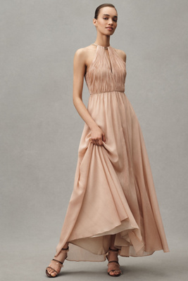 Mac Duggal Chain Halter Keyhole-cutout A-line Maxi Dress In Neutral