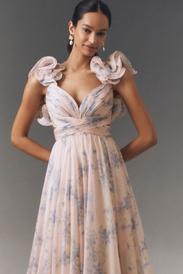 Mac Duggal Ruffle Tiered Floral Cut-out Chiffon Gown In Multi