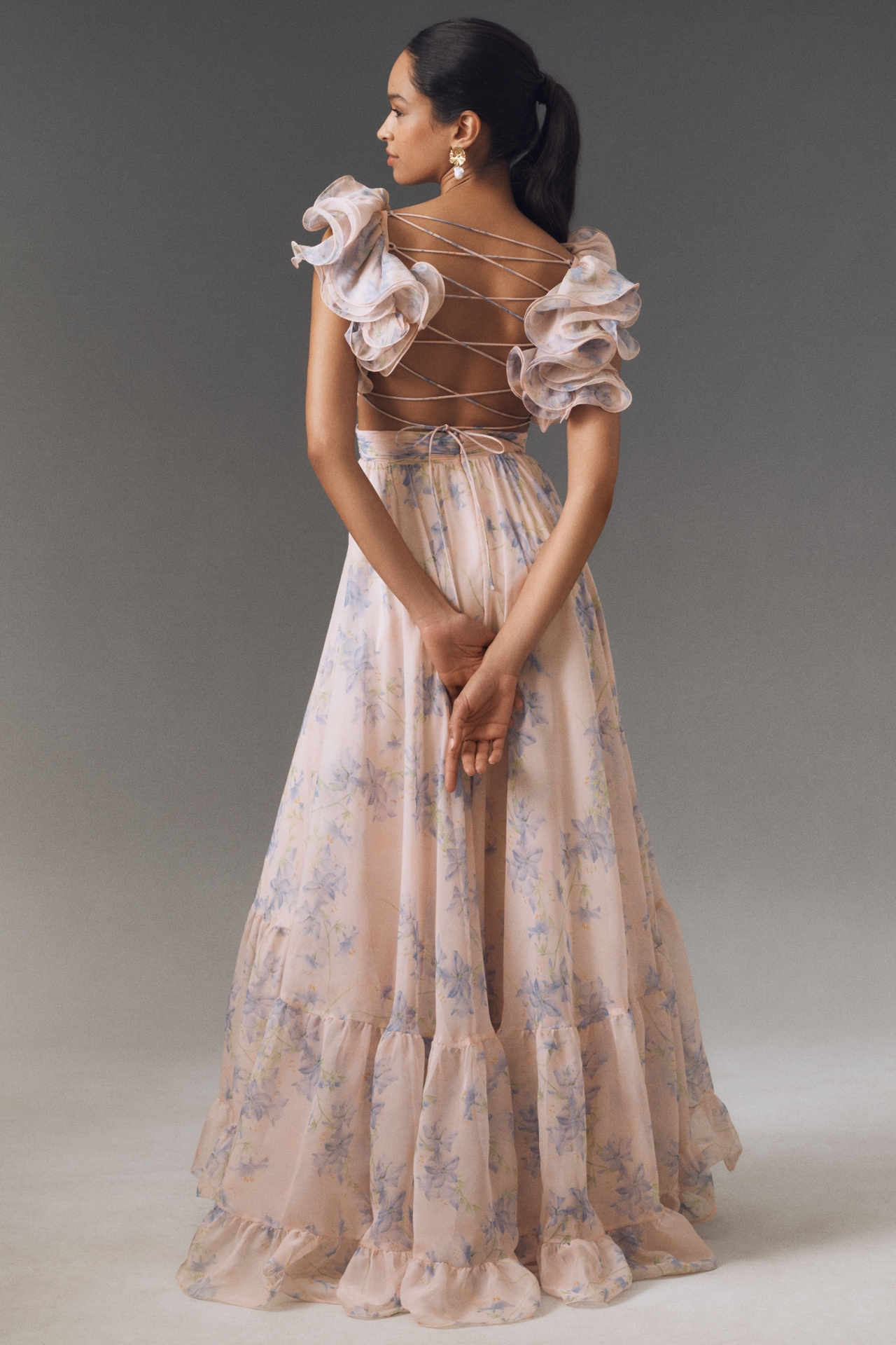 Mac Duggal Ruffle-Sleeve V-Neck Tiered Chiffon Maxi Dress