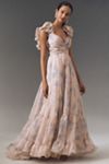 Mac Duggal Ruffle-Sleeve V-Neck Tiered Chiffon Maxi Dress