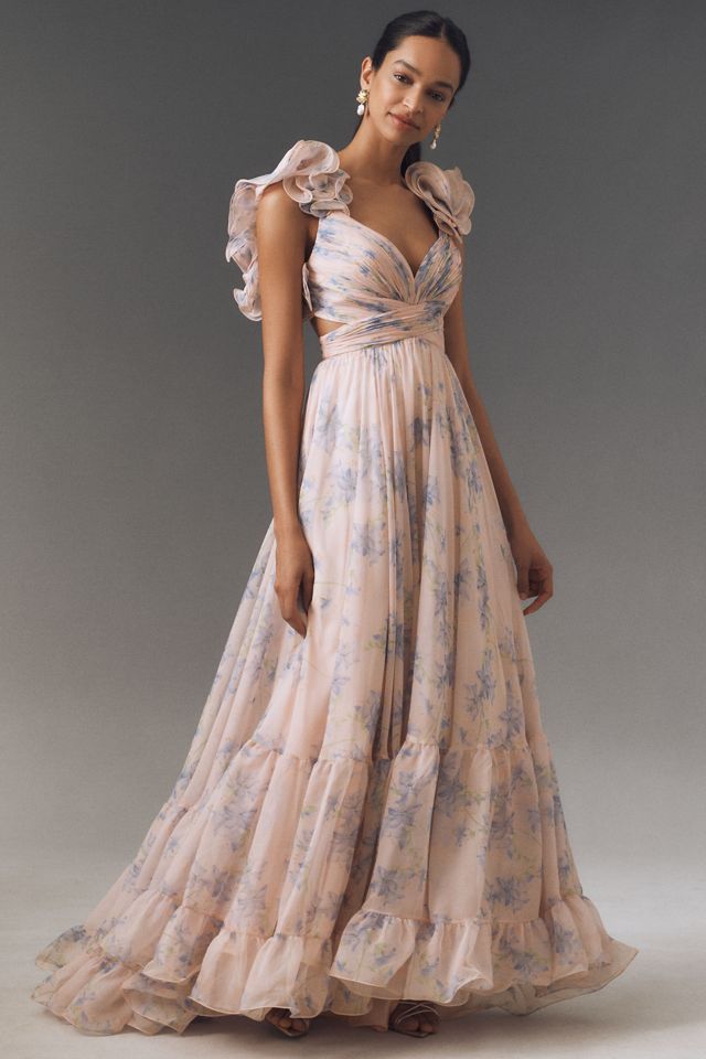 Mac Duggal Ruffle-Sleeve V-Neck Tiered Chiffon Maxi Dress #2