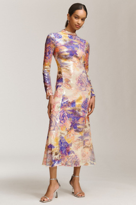 Bhldn Sequin Mock-neck Long-sleeve Maxi Dress In Gold