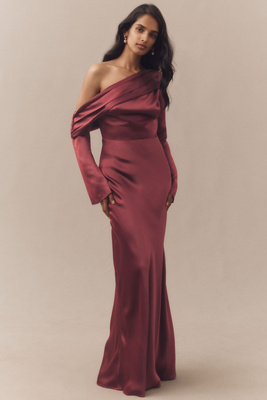 Bhldn Soraya Long-sleeve Off-the-shoulder Maxi Dress In Burgundy