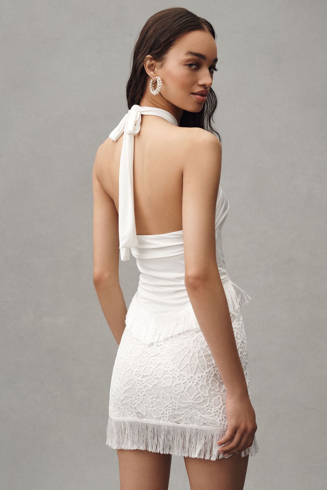 Nightcap Lotus Lace Fringe Halter Mini Dress