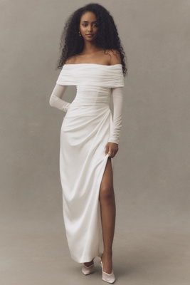 Bhldn Off-shoulder Mesh Satin Wrap Maxi Dress In White