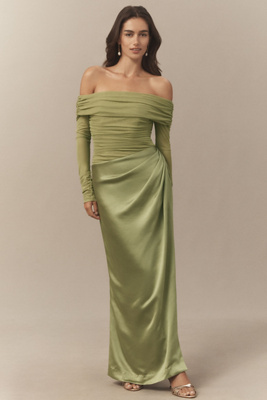 Bhldn Off-shoulder Long-sleeve Mesh Midi Dress In Green