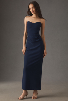 Bhldn Pippa Strapless Sweetheart Crepe Column Maxi Dress In Blue
