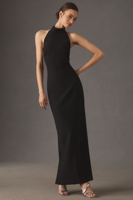 Bhldn High-neck Open-back Crepe Maxi Dress In Black