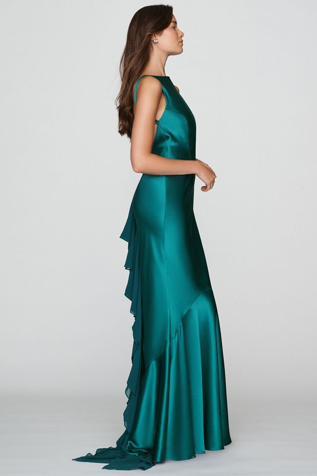 Retrofete Ambrosia Straight-Neck Ruffled Satin Maxi Dress #3