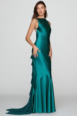 Retrofete Ambrosia Straight-Neck Ruffled Satin Maxi Dress