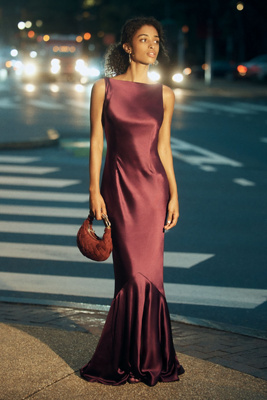 Retroféte Ambrosia Straight-neck Ruffled Satin Maxi Dress In Red