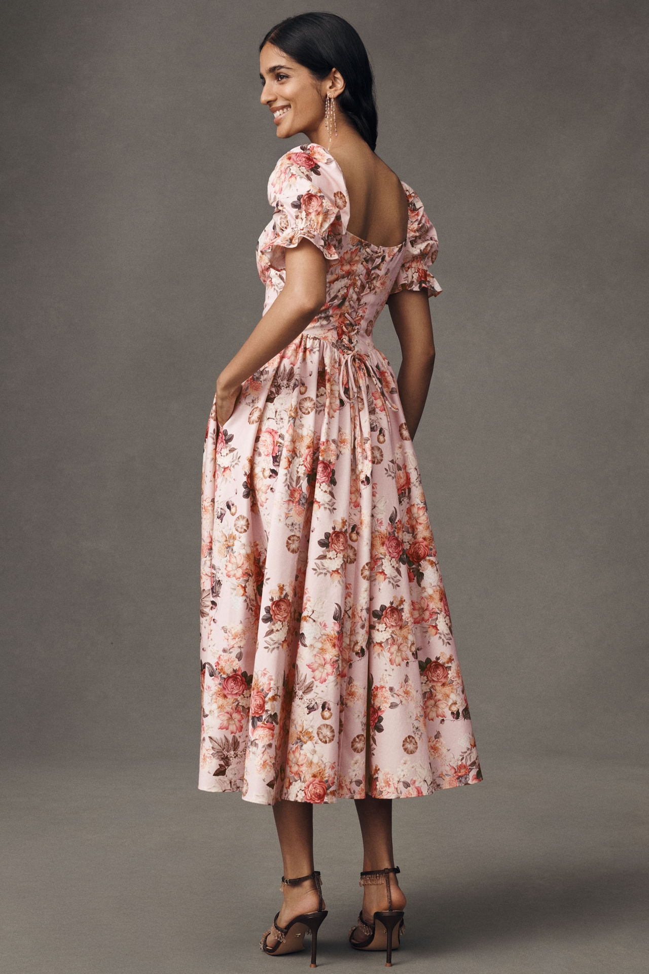 Mare Square-Neck Puff-Sleeve A-Line Midi Dress