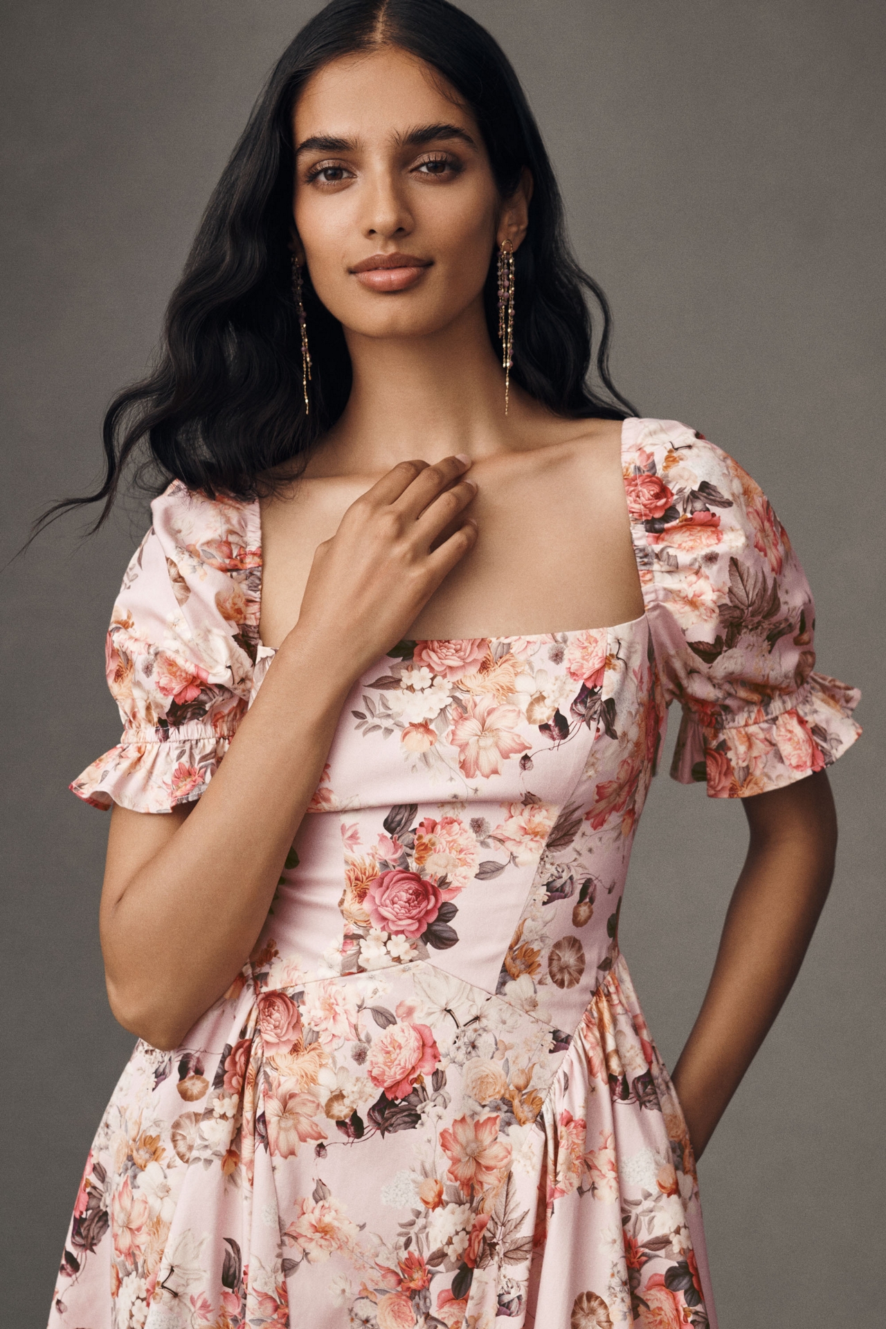 Mare Square-Neck Puff-Sleeve A-Line Midi Dress