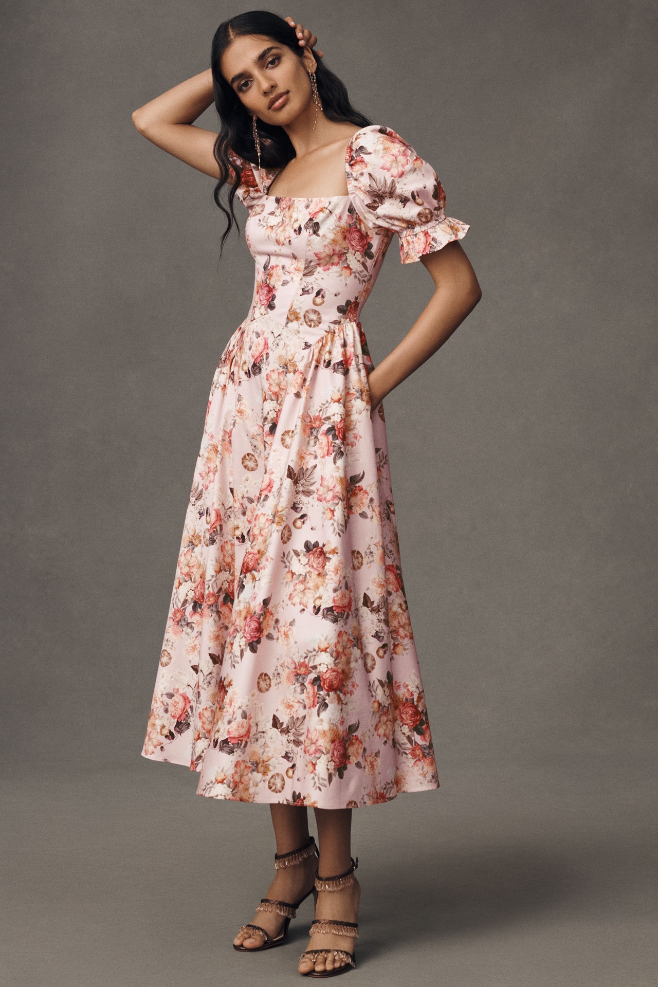 Mare Square-Neck Puff-Sleeve A-Line Midi Dress