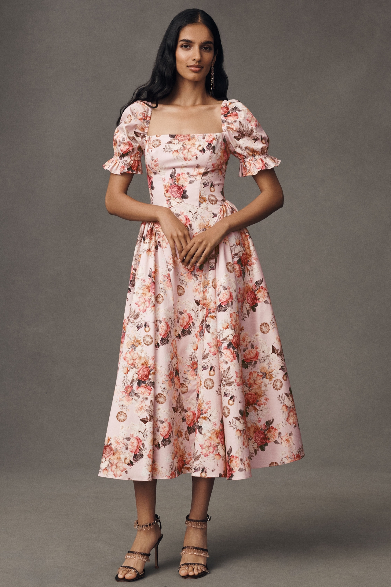 Mare Square-Neck Puff-Sleeve A-Line Midi Dress
