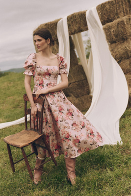 Mare Mare Square-neck Puff-sleeve A-line Midi Dress In Multi