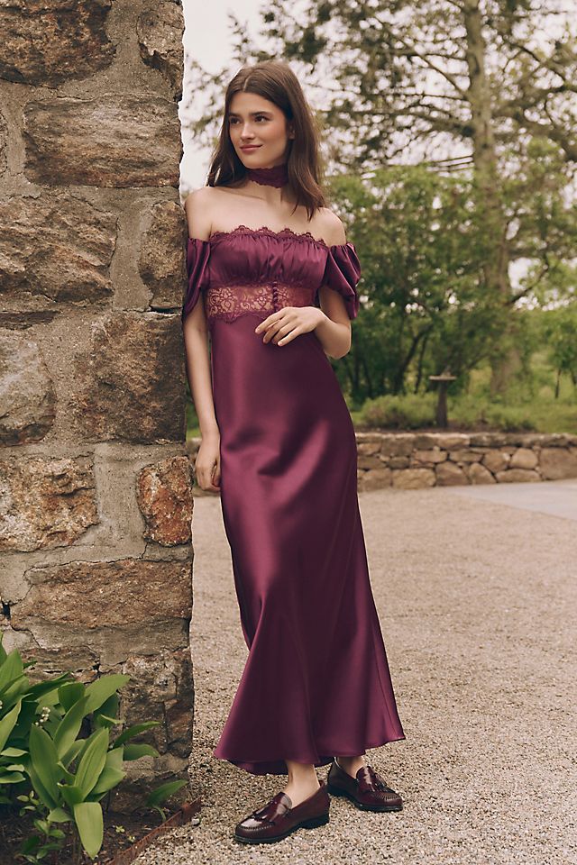 satin and lace slip dress Women's Burgundy Lace-Trimmed this short silk slip is a mus Mare Mare Satin & Lace