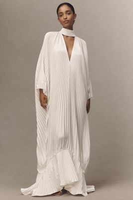 L'IDÉE Empire Long-Sleeve V-Neck Pleated Maxi Dress