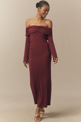 Bhldn Off-shoulder Bell-sleeve Fitted Maxi Dress In Burgundy