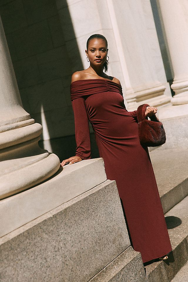 brown off the shoulder dress HATCH Collection Samantha Off-The-Shoulder Jacquard Mini in Caramel satin our espresso brown bridesmaid dresses Womens Lipsy Chocolate Brown Off