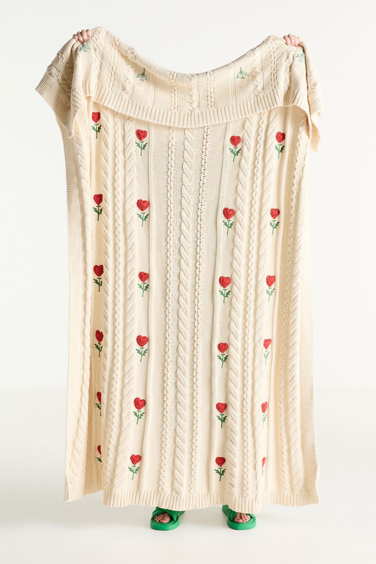Cable-Knit Icon Floral Throw Blanket - Ivory, Standard, 50" x 70"