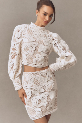 Kyra Crochet Balloon-Sleeve Top & Mini Skirt Set