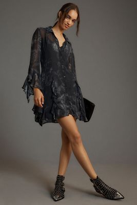 Long-Sleeve V-Neck Sheer Mini Dress