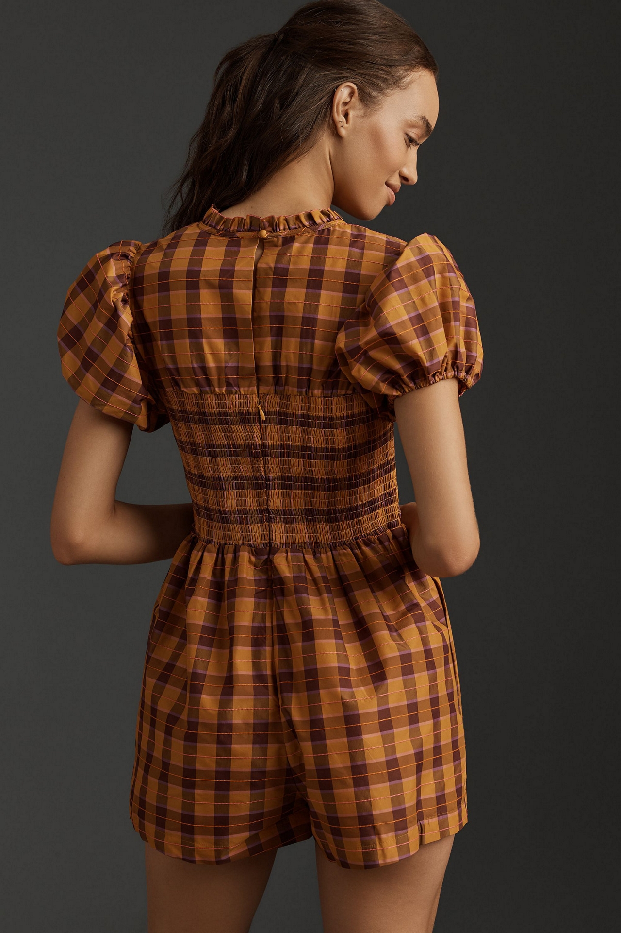 Maeve Puff-Sleeved Smocked Romper