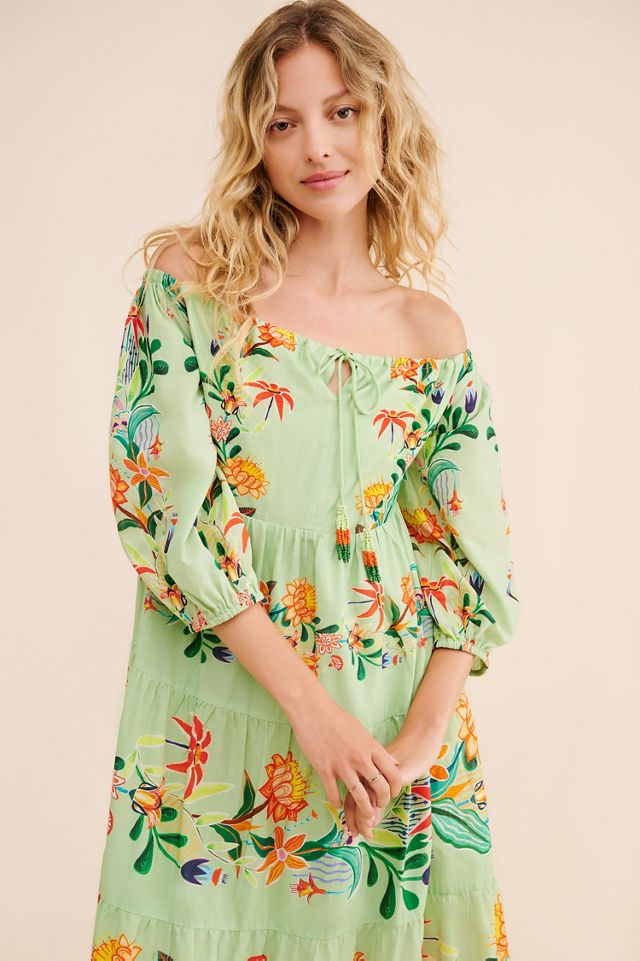 FARM Rio Off-The-Shoulder Long-Sleeve Tiered Floral Midi Dress #3