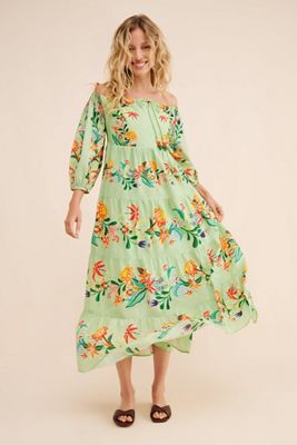 FARM Rio Off-The-Shoulder Long-Sleeve Tiered Floral Midi Dress