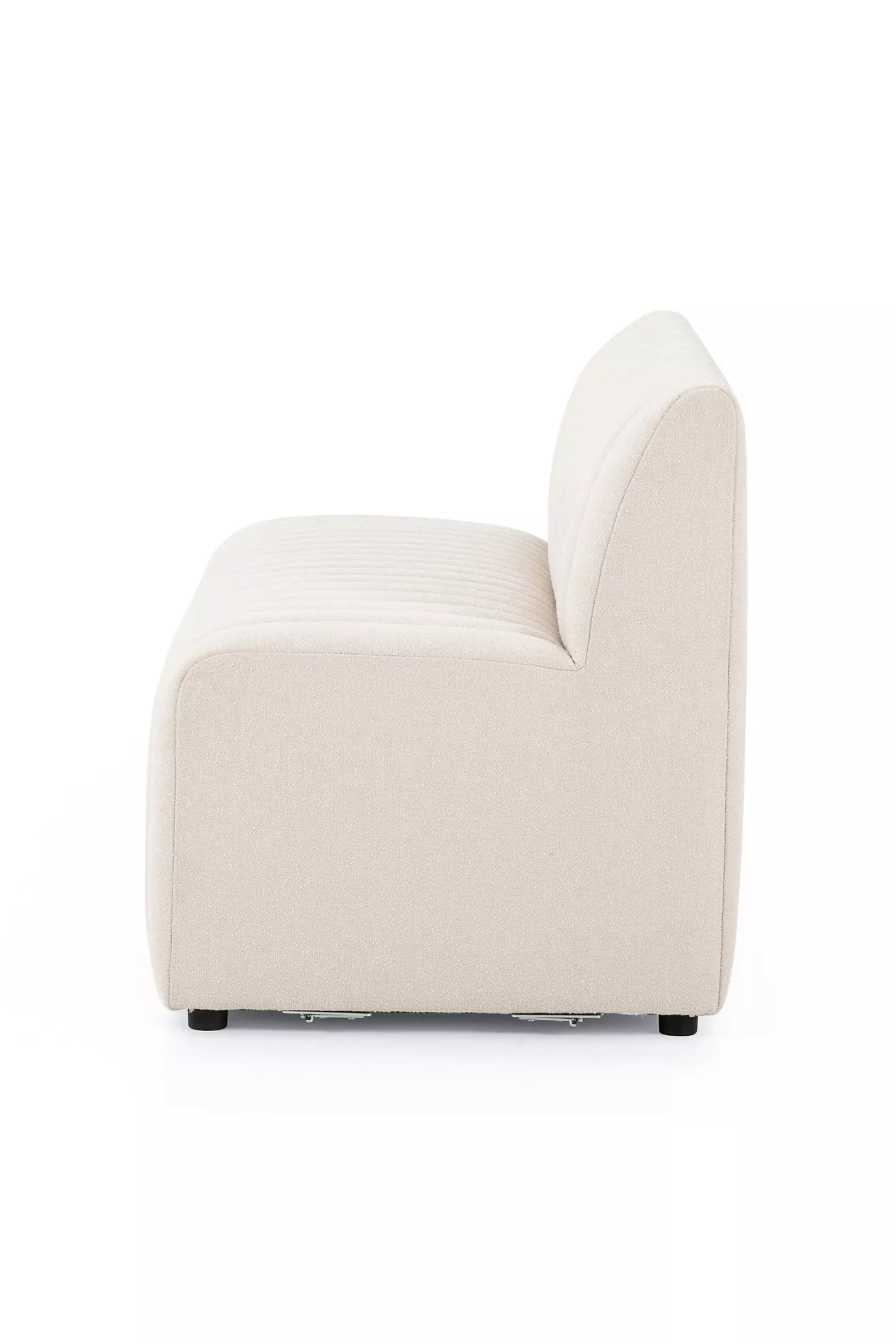 Cream upholstered dining bench armrest with vertical channel stitching