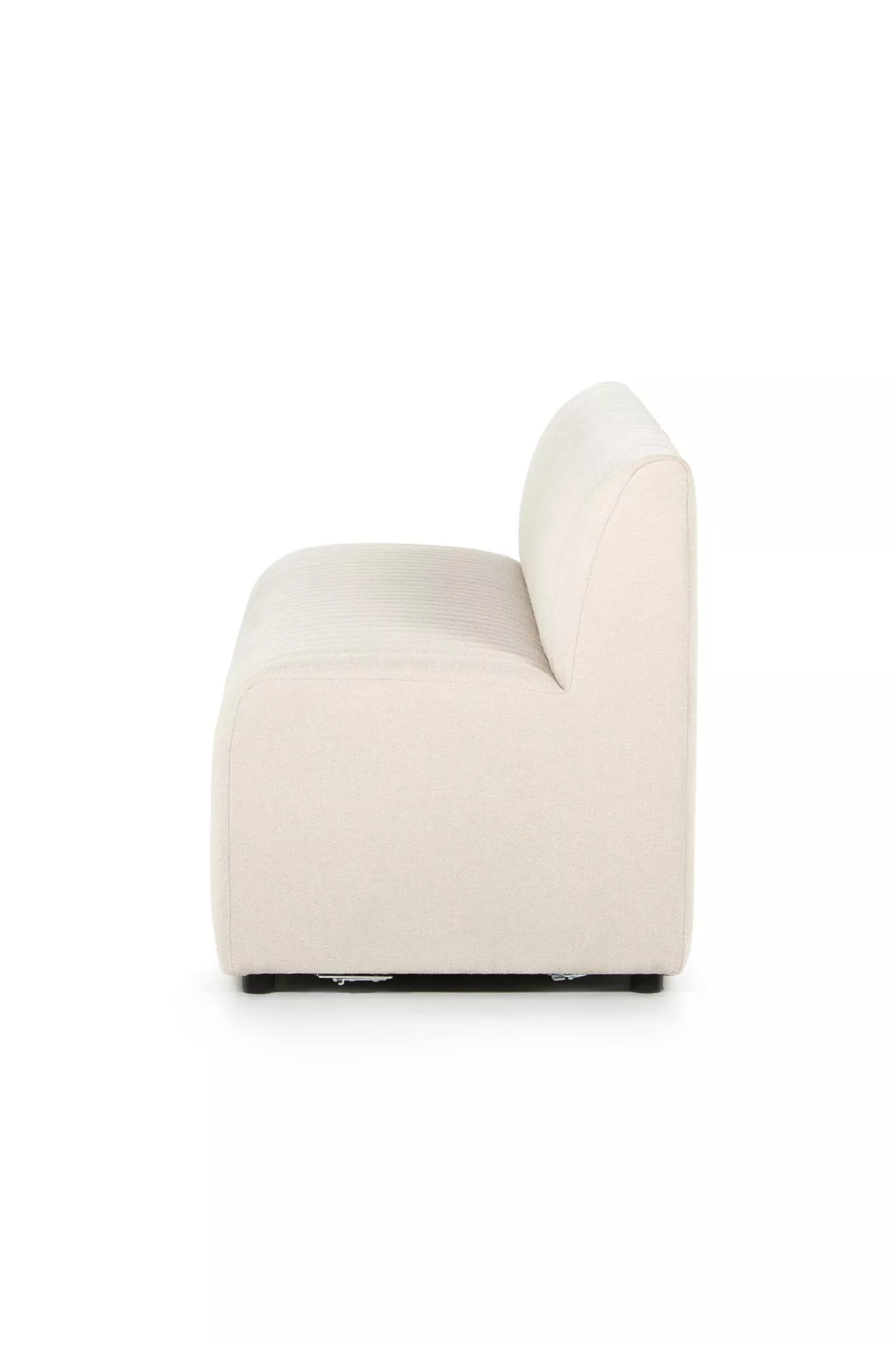 Side view of white tufted dining bench showing straight lines and base